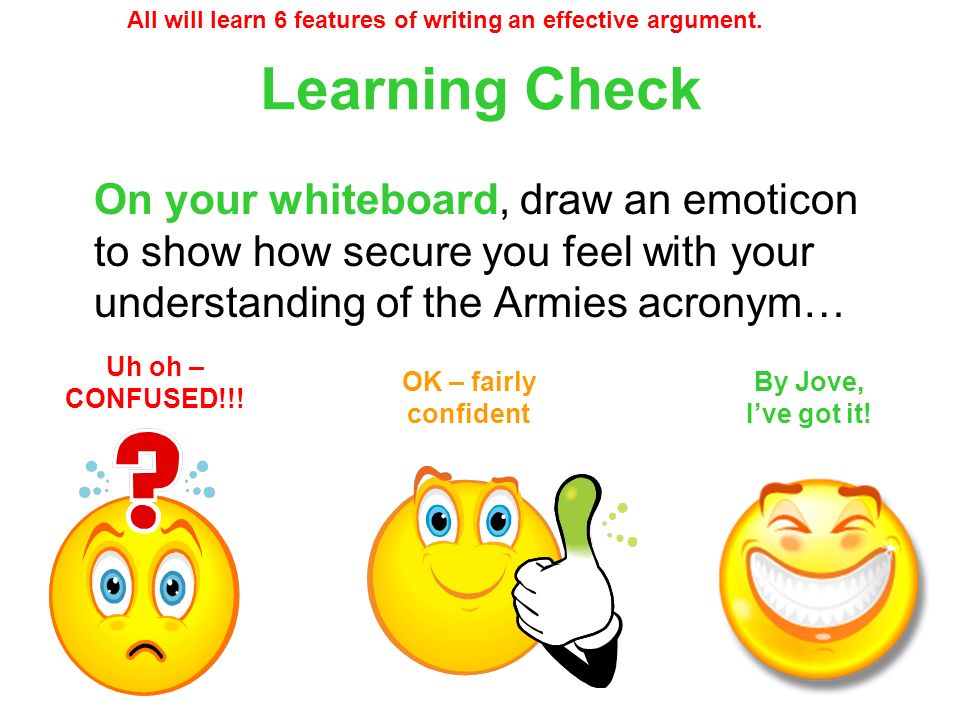 Learning Check On your whiteboard, draw an emoticon to show how secure you feel with your understanding of the Armies acronym… Uh oh – CONFUSED!!.