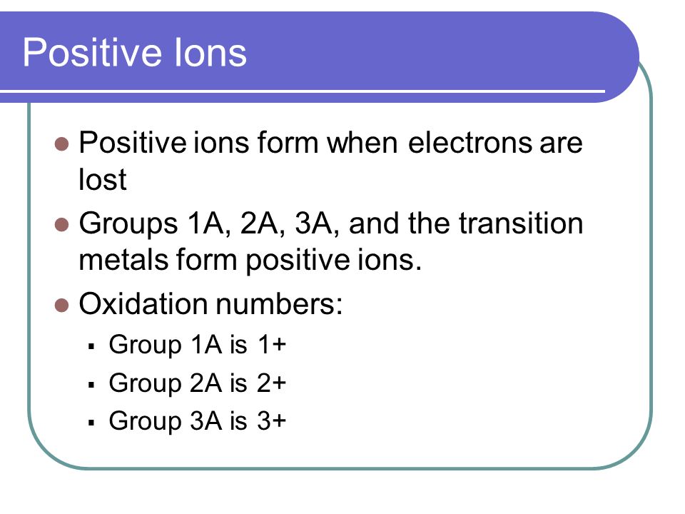 Positive Ions Positive ions form when electrons are lost Groups 1A, 2A, 3A, and the transition metals form positive ions.
