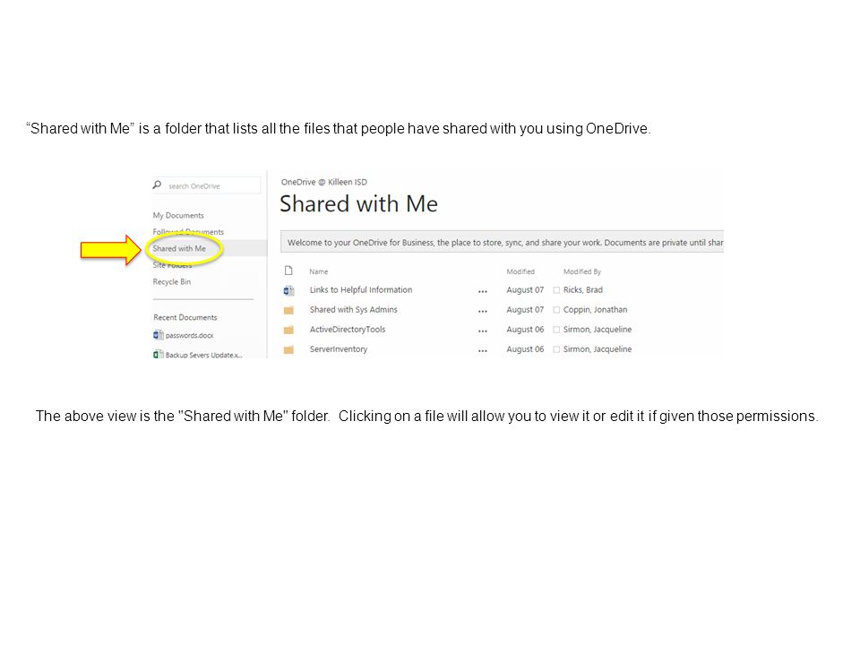 Shared with Me is a folder that lists all the files that people have shared with you using OneDrive.