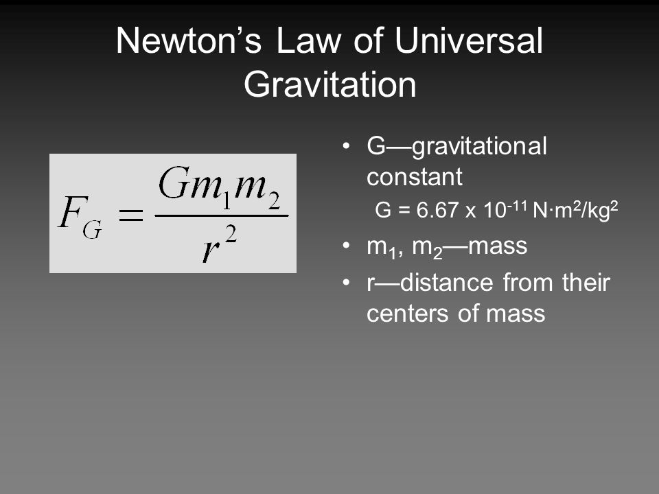 Newton’s Law of Universal Gravitation G—gravitational constant G = 6.67 x N·m 2 /kg 2 m 1, m 2 —mass r—distance from their centers of mass