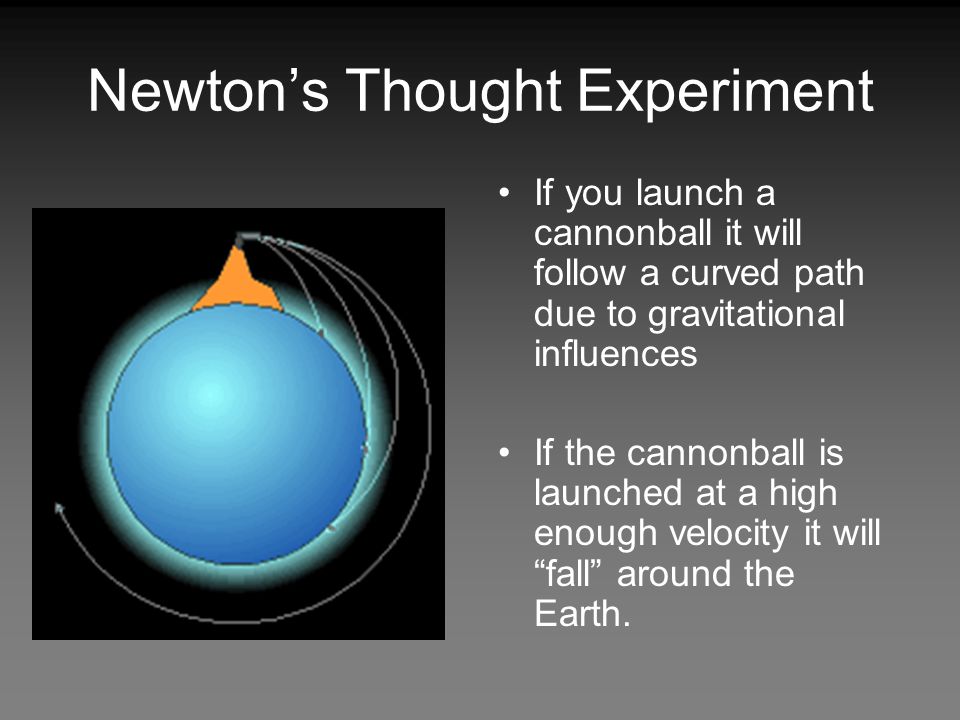 Newton’s Thought Experiment If you launch a cannonball it will follow a curved path due to gravitational influences If the cannonball is launched at a high enough velocity it will fall around the Earth.