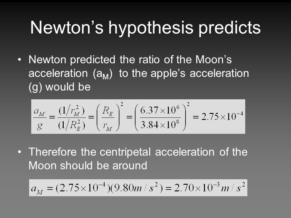 Newton’s hypothesis predicts Newton predicted the ratio of the Moon’s acceleration (a M ) to the apple’s acceleration (g) would be Therefore the centripetal acceleration of the Moon should be around