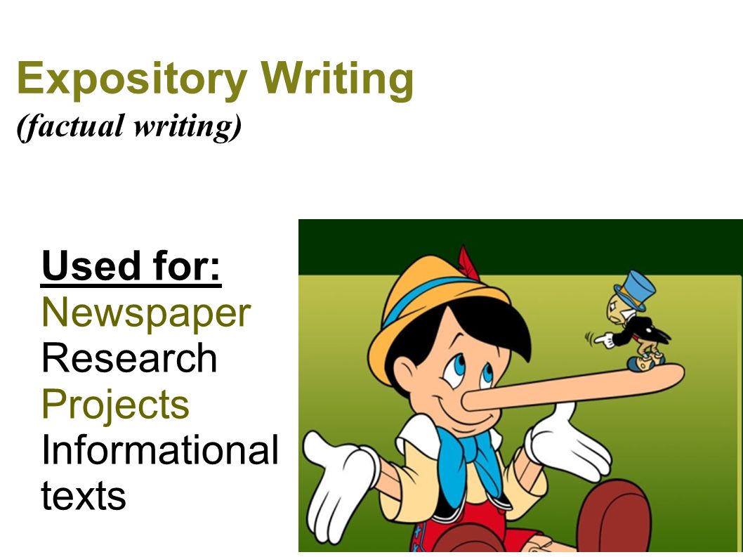Expository Writing (factual writing) Used for: Newspaper Research Projects Informational texts