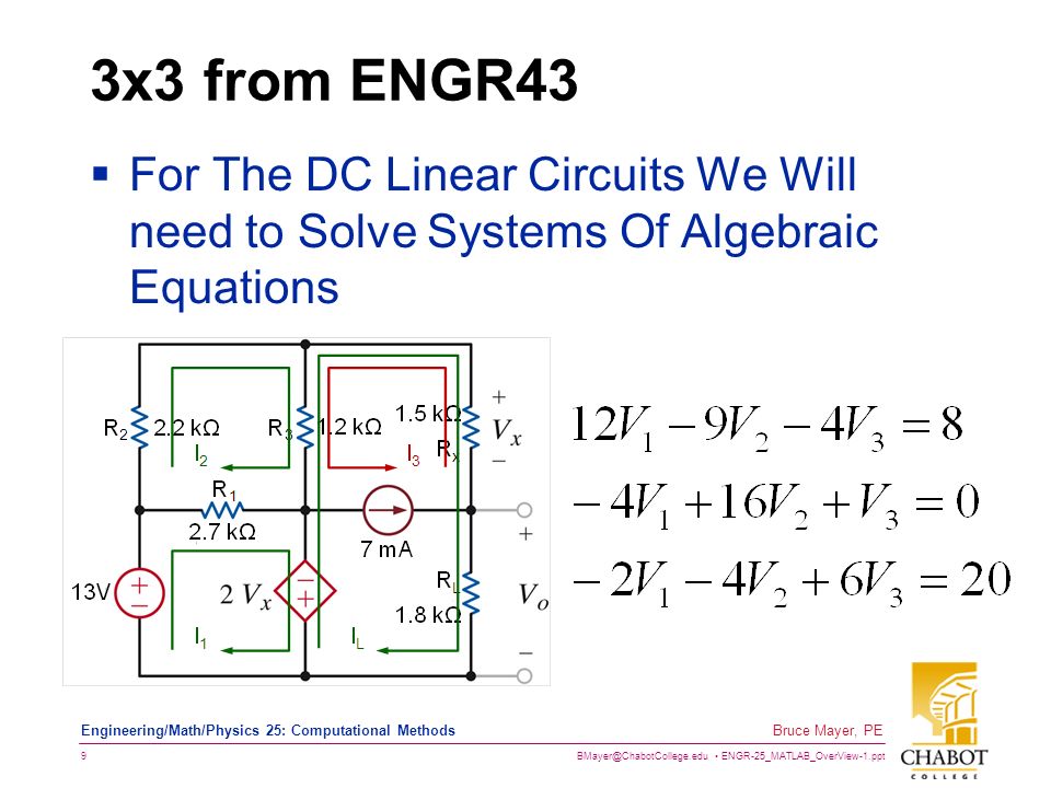 ENGR-25_MATLAB_OverView-1.ppt 9 Bruce Mayer, PE Engineering/Math/Physics 25: Computational Methods 3x3 from ENGR43  For The DC Linear Circuits We Will need to Solve Systems Of Algebraic Equations