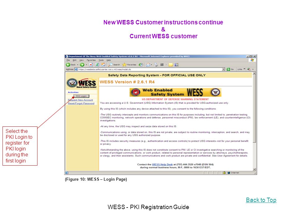 WESS - PKI Registration Guide New WESS Customer instructions continue & Current WESS customer Select the PKI Login to register for PKI login during the first login (Figure 10: WESS – Login Page) Back to Top