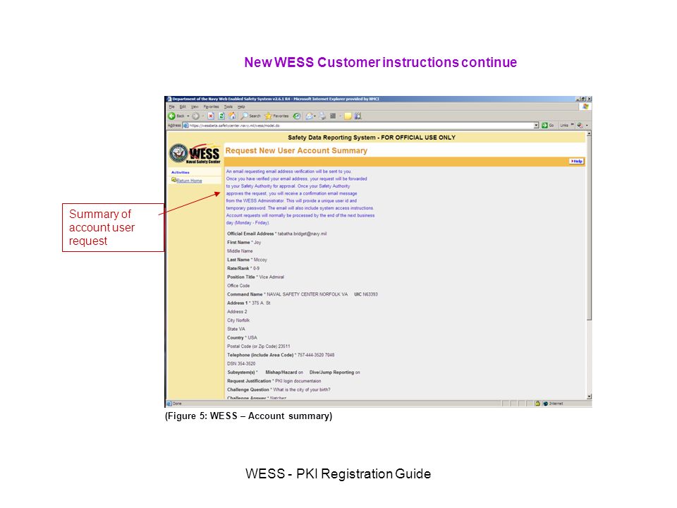 WESS - PKI Registration Guide New WESS Customer instructions continue Summary of account user request (Figure 5: WESS – Account summary)