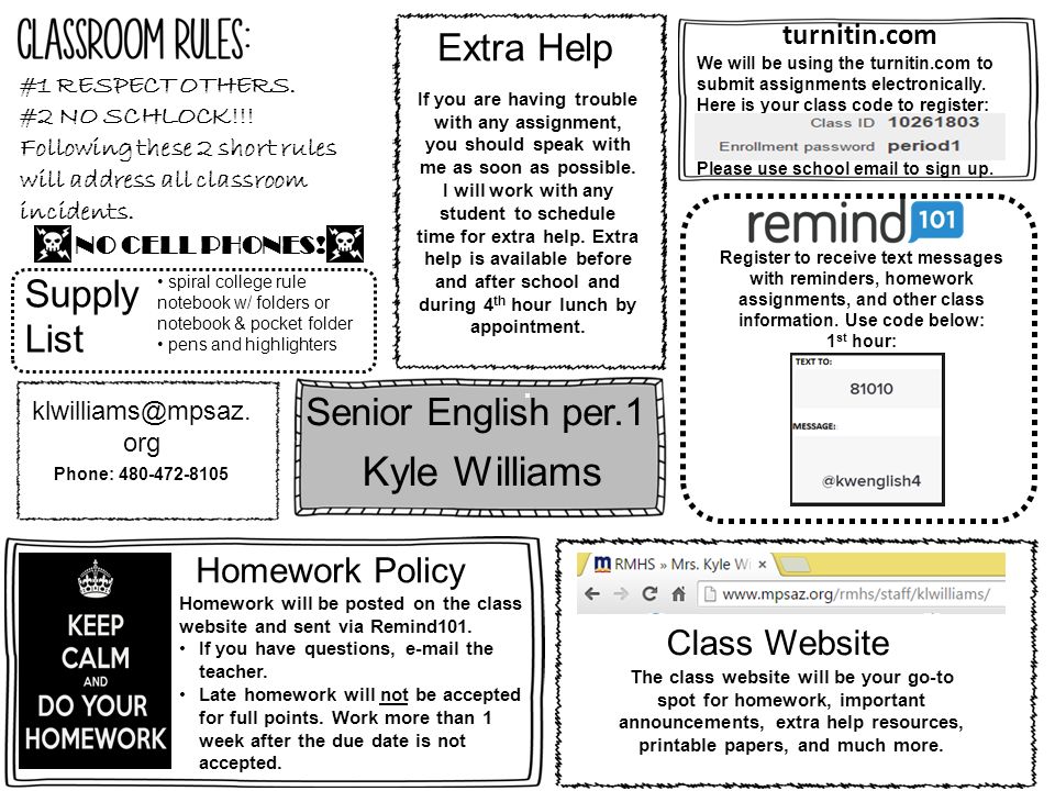 Senior English per.1 Kyle Williams Class Website Register to receive text messages with reminders, homework assignments, and other class information.