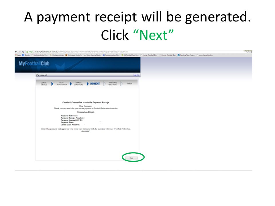 A payment receipt will be generated. Click Next