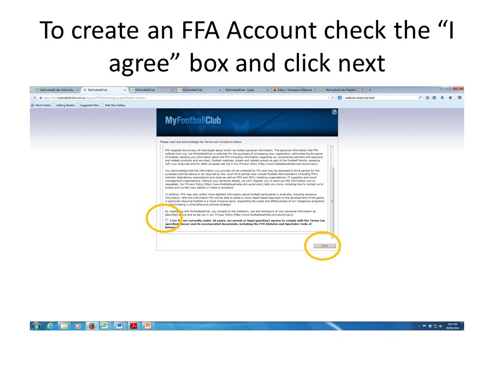 To create an FFA Account check the I agree box and click next