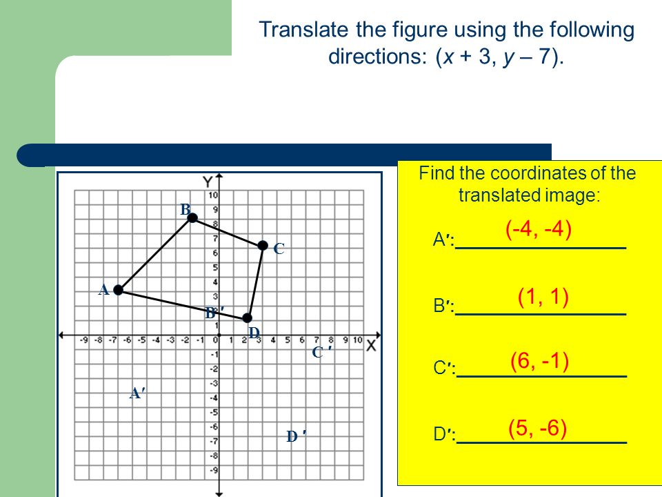 Translate the figure using the following directions: (x + 3, y – 7).