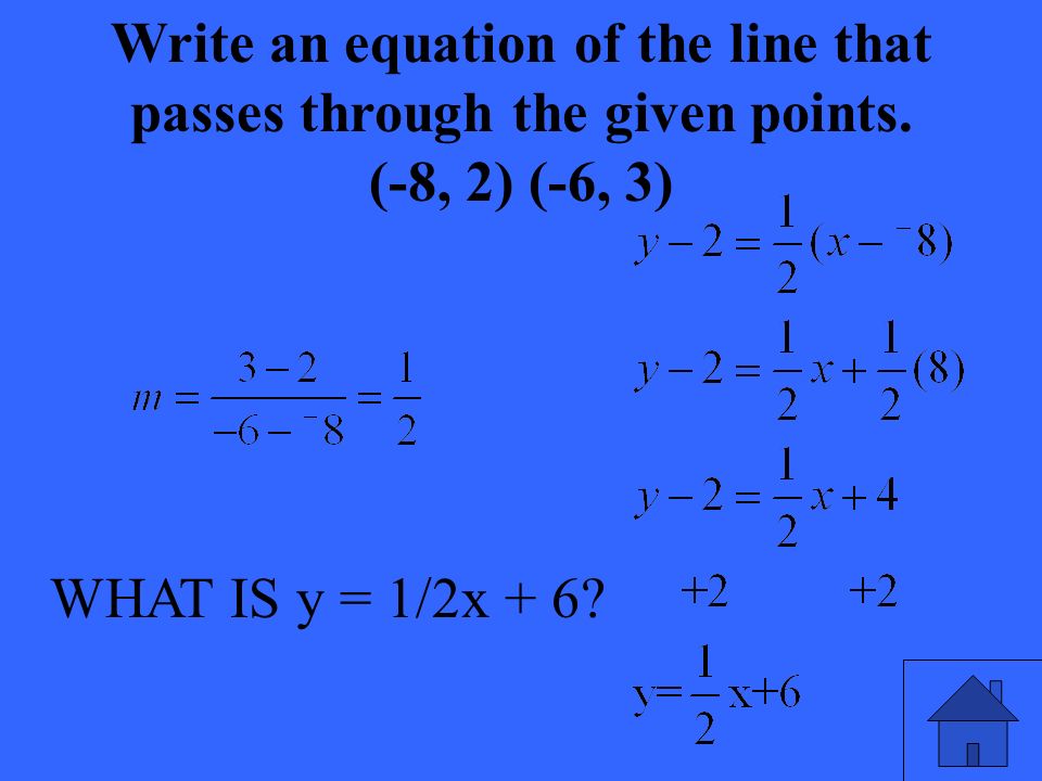 WHAT IS y = 1/2x + 6. Write an equation of the line that passes through the given points.
