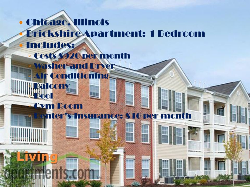 Living Chicago, Illinois Brickshire Apartment: 1 Bedroom Includes: ◦ Costs $920 per month ◦ Washer and Dryer ◦ Air Conditioning ◦ Balcony ◦ Pool ◦ Gym Room ◦ Renter’s Insurance: $16 per month