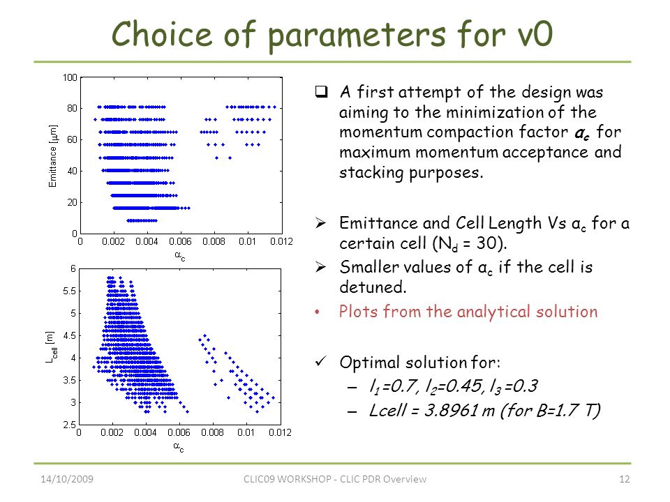 14/10/200912CLIC09 WORKSHOP - CLIC PDR Overview Choice of parameters for v0  A first attempt of the design was aiming to the minimization of the momentum compaction factor α c for maximum momentum acceptance and stacking purposes.