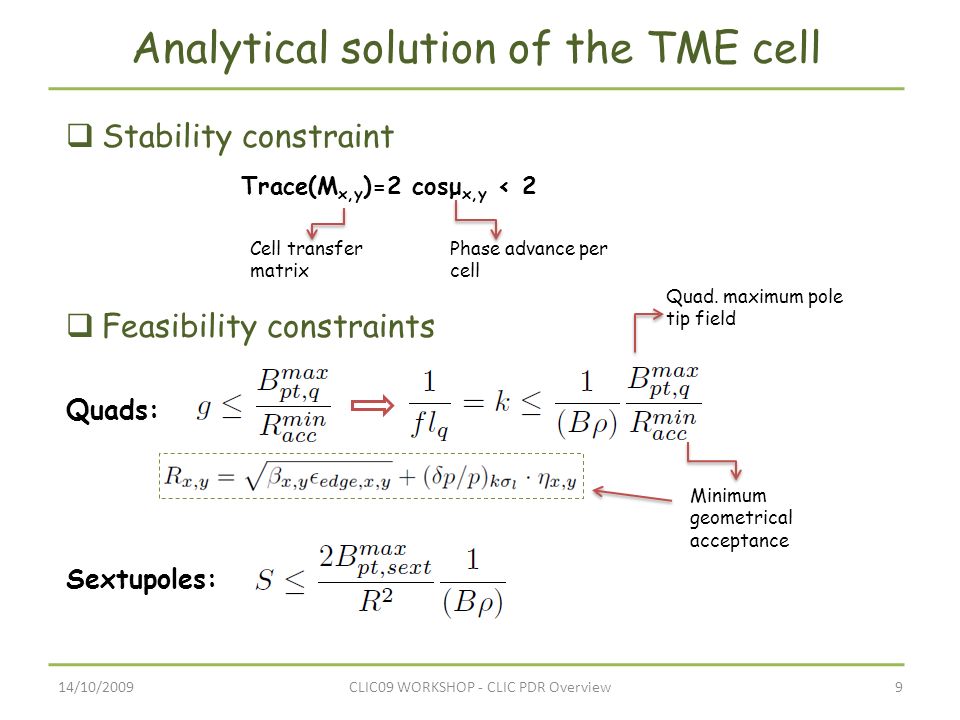 14/10/20099CLIC09 WORKSHOP - CLIC PDR Overview Analytical solution of the TME cell  Stability constraint Trace(M x,y )=2 cosμ x,y < 2  Feasibility constraints Quads: Sextupoles: Cell transfer matrix Phase advance per cell Quad.