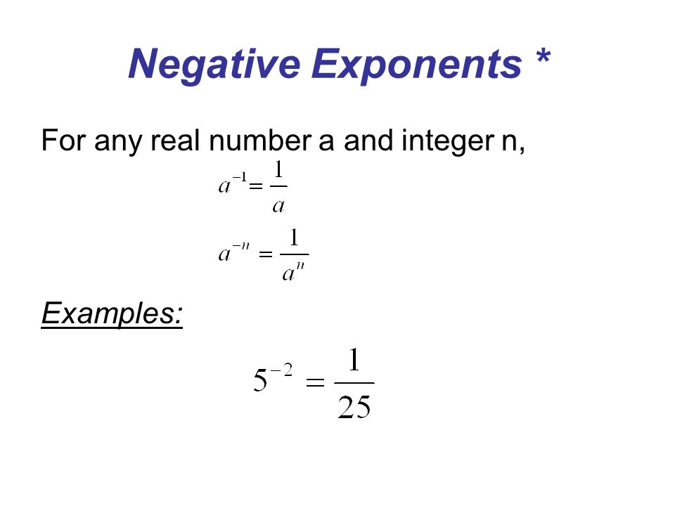 Negative Exponents * For any real number a and integer n, Examples: