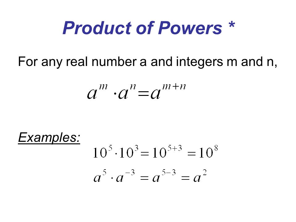 Product of Powers * For any real number a and integers m and n, Examples: