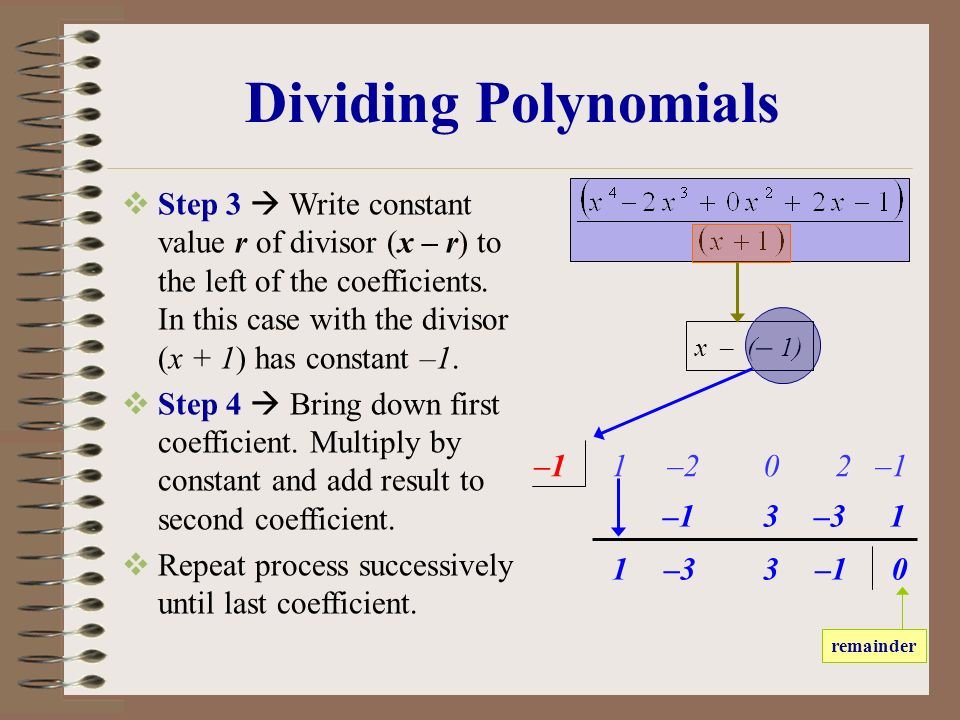 Dividing Polynomials 1 –2 0 2 –1  Step 3  Write constant value r of divisor (x – r) to the left of the coefficients.