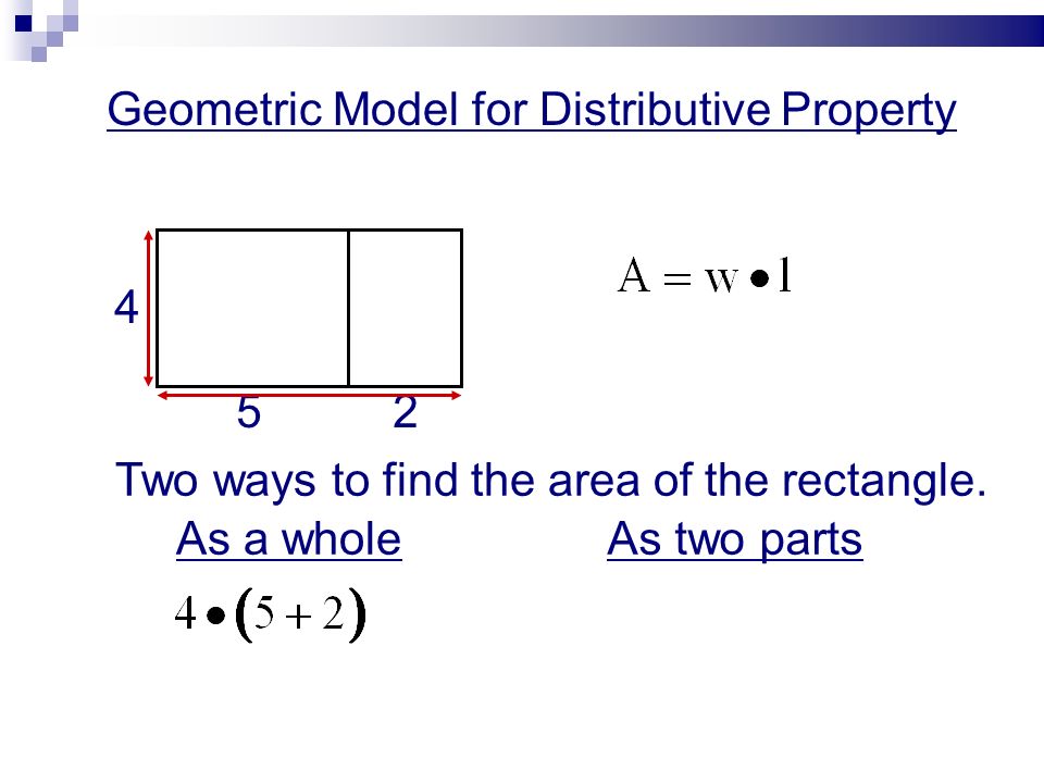 Geometric Model for Distributive Property Two ways to find the area of the rectangle.