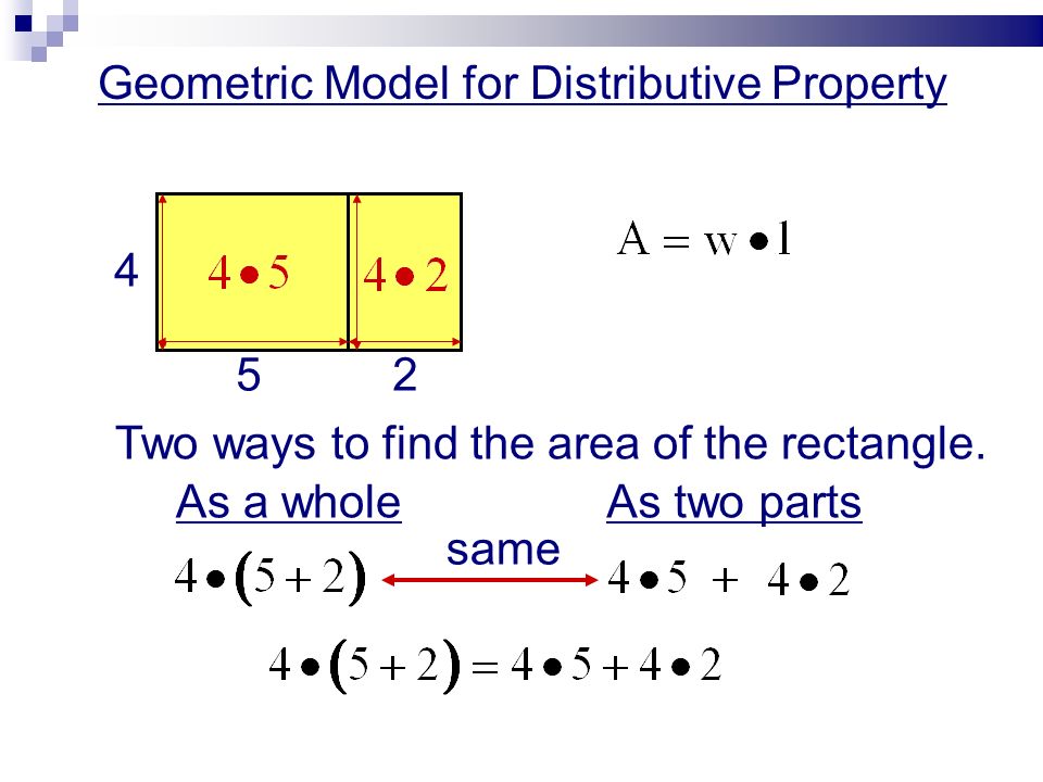 Geometric Model for Distributive Property Two ways to find the area of the rectangle.
