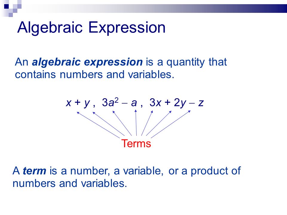 An algebraic expression is a quantity that contains numbers and variables.