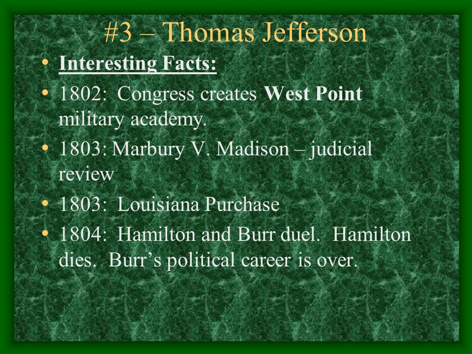 #3 – Thomas Jefferson Interesting Facts: 1802: Congress creates West Point military academy.