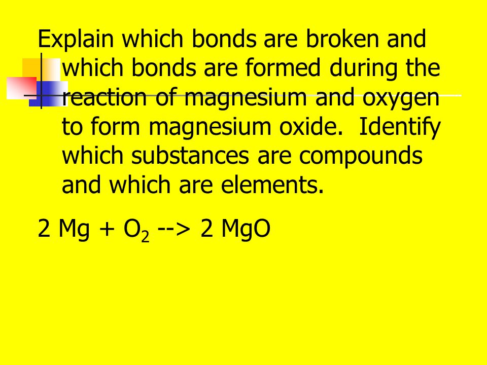 Explain which bonds are broken and which bonds are formed during the reaction of magnesium and oxygen to form magnesium oxide.