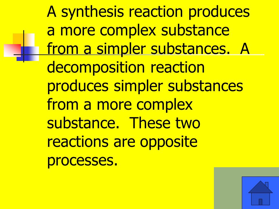A synthesis reaction produces a more complex substance from a simpler substances.