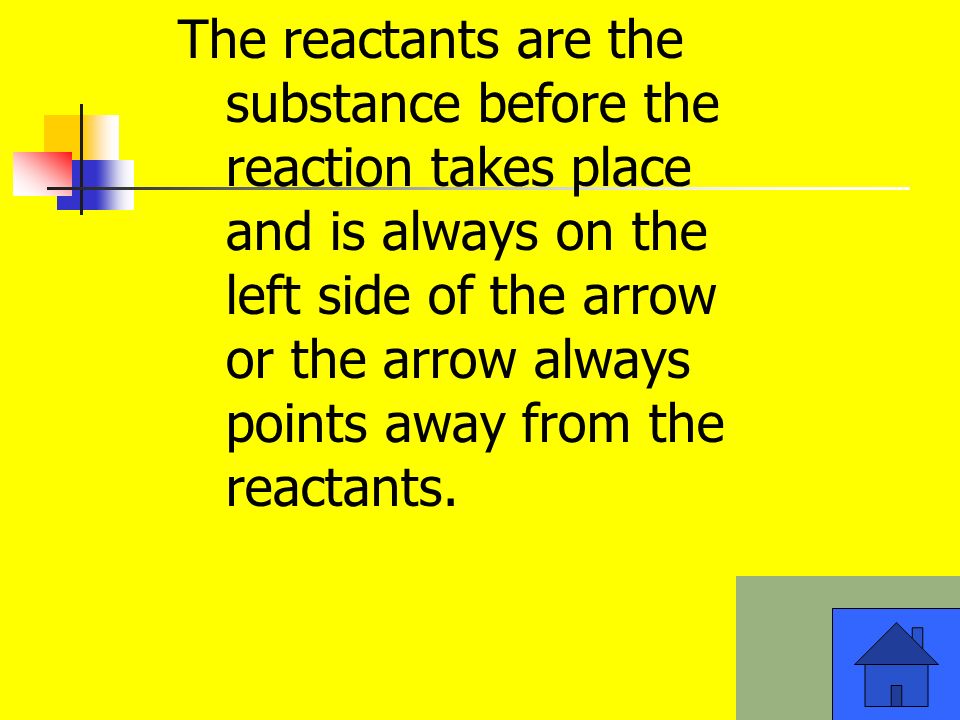 The reactants are the substance before the reaction takes place and is always on the left side of the arrow or the arrow always points away from the reactants.