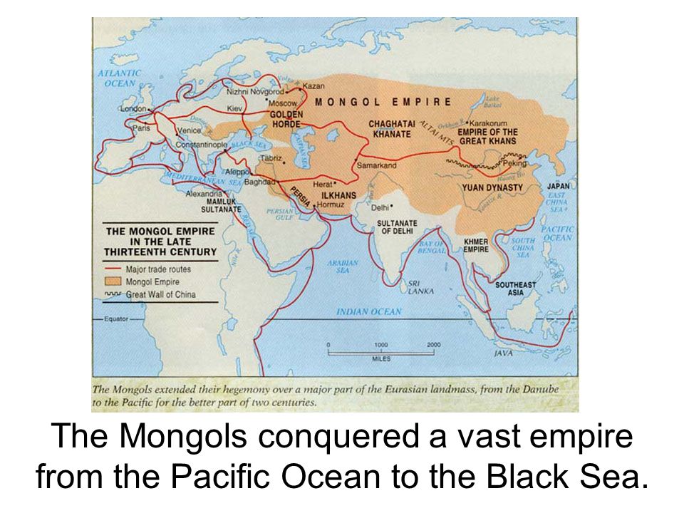 The Mongols conquered a vast empire from the Pacific Ocean to the Black Sea.