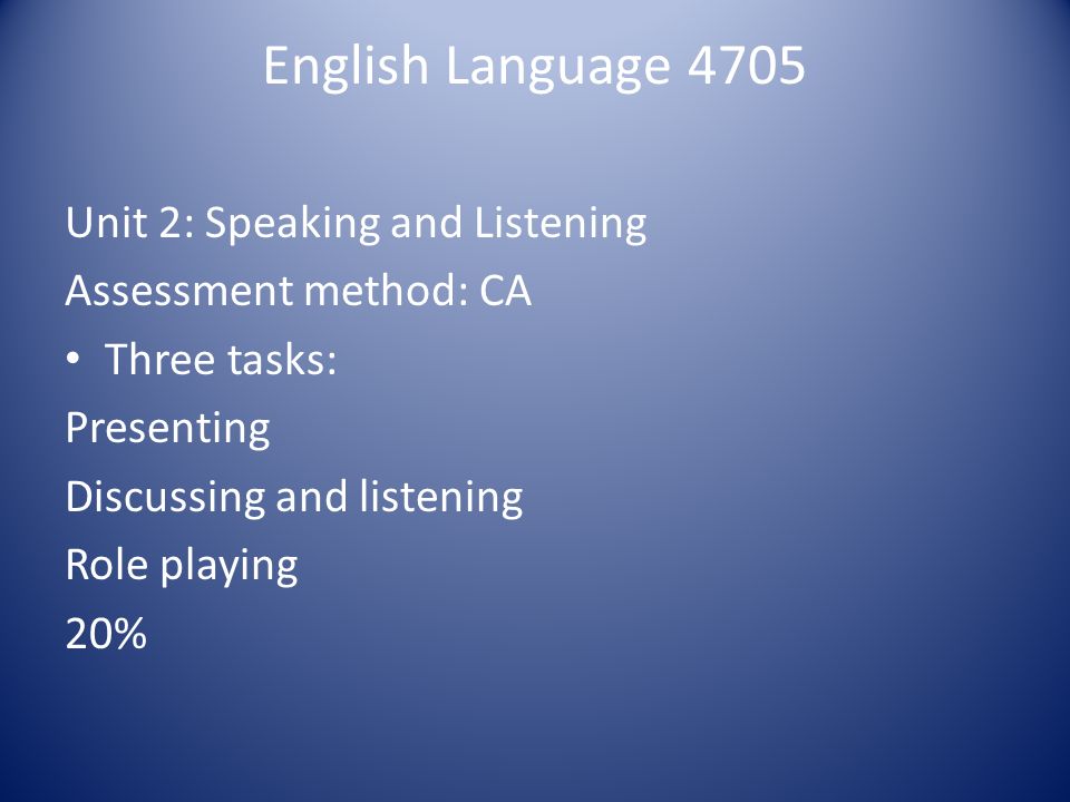 English Language 4705 Unit 2: Speaking and Listening Assessment method: CA Three tasks: Presenting Discussing and listening Role playing 20%