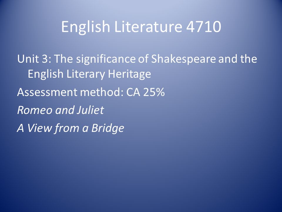 English Literature 4710 Unit 3: The significance of Shakespeare and the English Literary Heritage Assessment method: CA 25% Romeo and Juliet A View from a Bridge