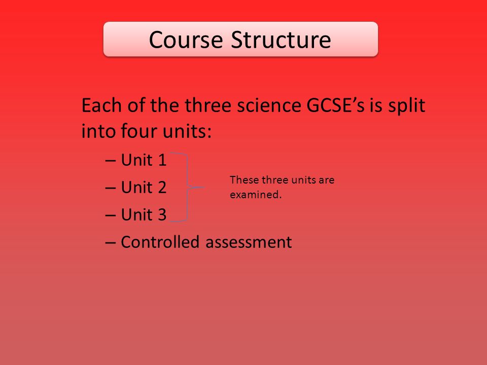 Each of the three science GCSE’s is split into four units: – Unit 1 – Unit 2 – Unit 3 – Controlled assessment Course Structure These three units are examined.