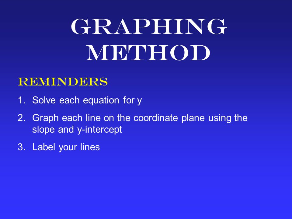 Systems Of Linear Equations Graphing Method Reminders 1 Solve 2 Graphing Method Reminders 1 Solve Each Equation For Y Graph Line On The Coordinate Plane Using Slope And Intercept 3 Label Your Lines