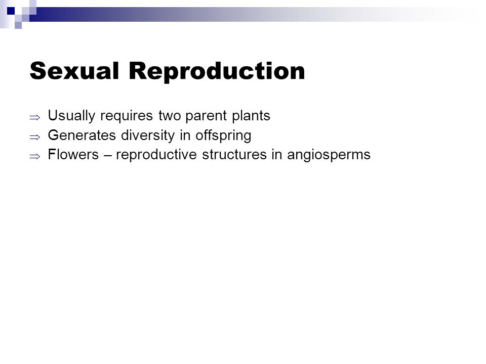Sexual Reproduction  Usually requires two parent plants  Generates diversity in offspring  Flowers – reproductive structures in angiosperms