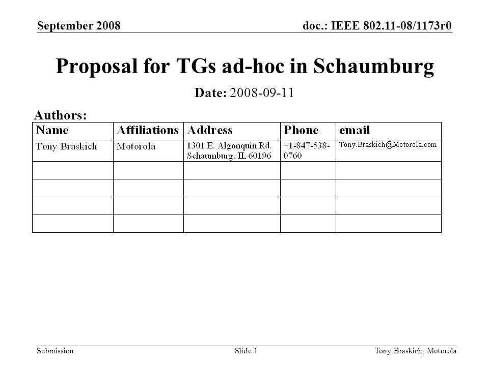 doc.: IEEE /1173r0 Submission September 2008 Tony Braskich, MotorolaSlide 1 Proposal for TGs ad-hoc in Schaumburg Date: Authors: