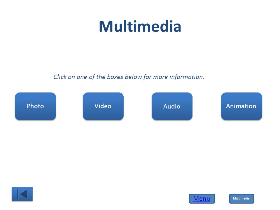 Multimedia Video Photo Animation Audio Click on one of the boxes below for more information.