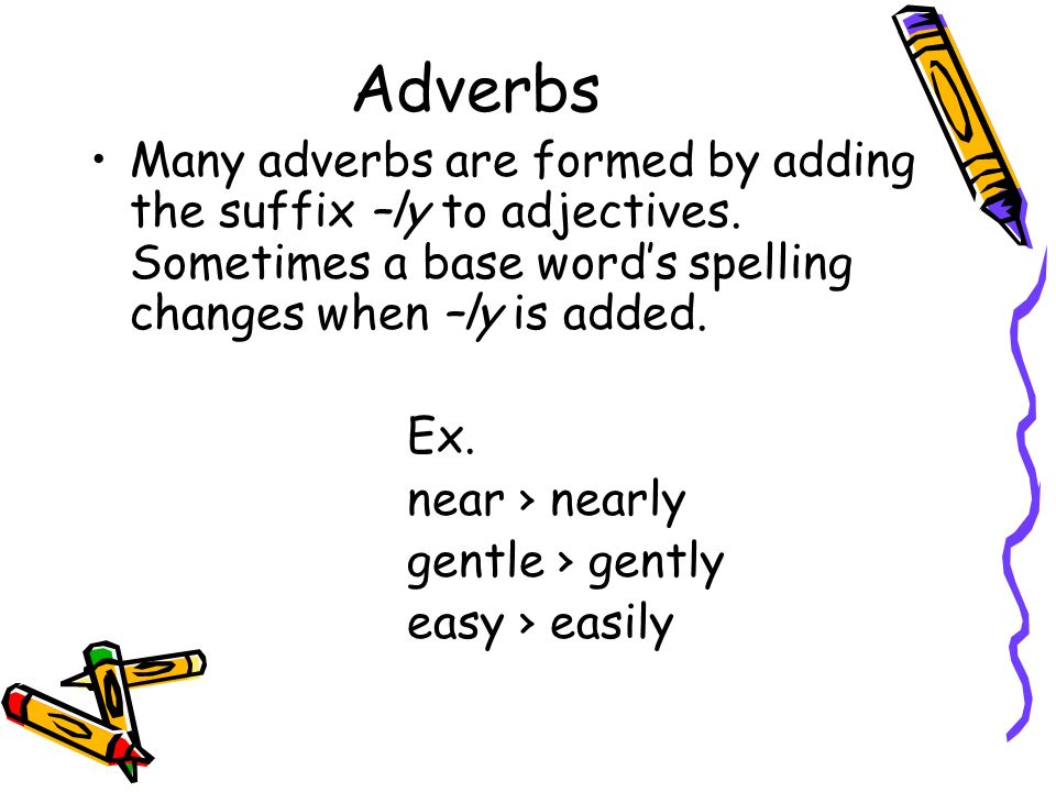 Adverbs Many adverbs are formed by adding the suffix –ly to adjectives.