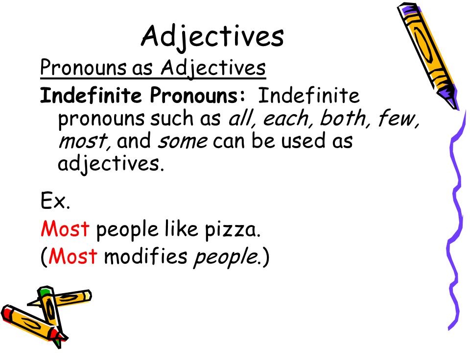 Adjectives Pronouns as Adjectives Indefinite Pronouns: Indefinite pronouns such as all, each, both, few, most, and some can be used as adjectives.