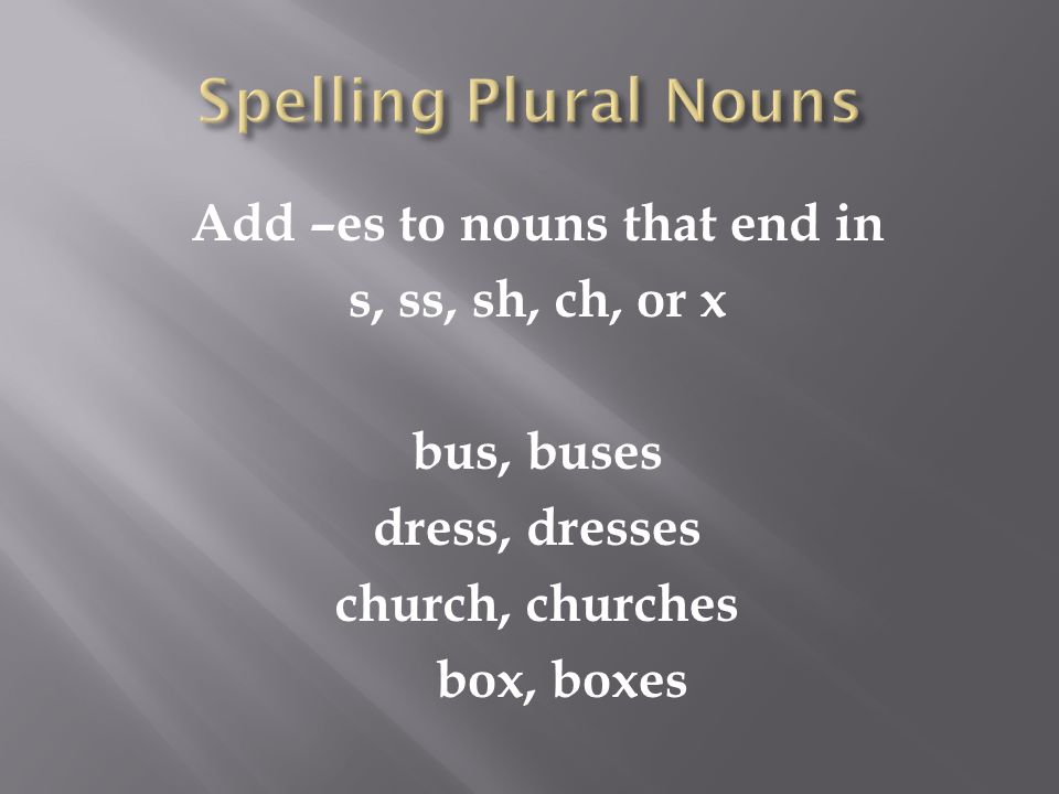 Add –es to nouns that end in s, ss, sh, ch, or x bus, buses dress, dresses church, churches box, boxes
