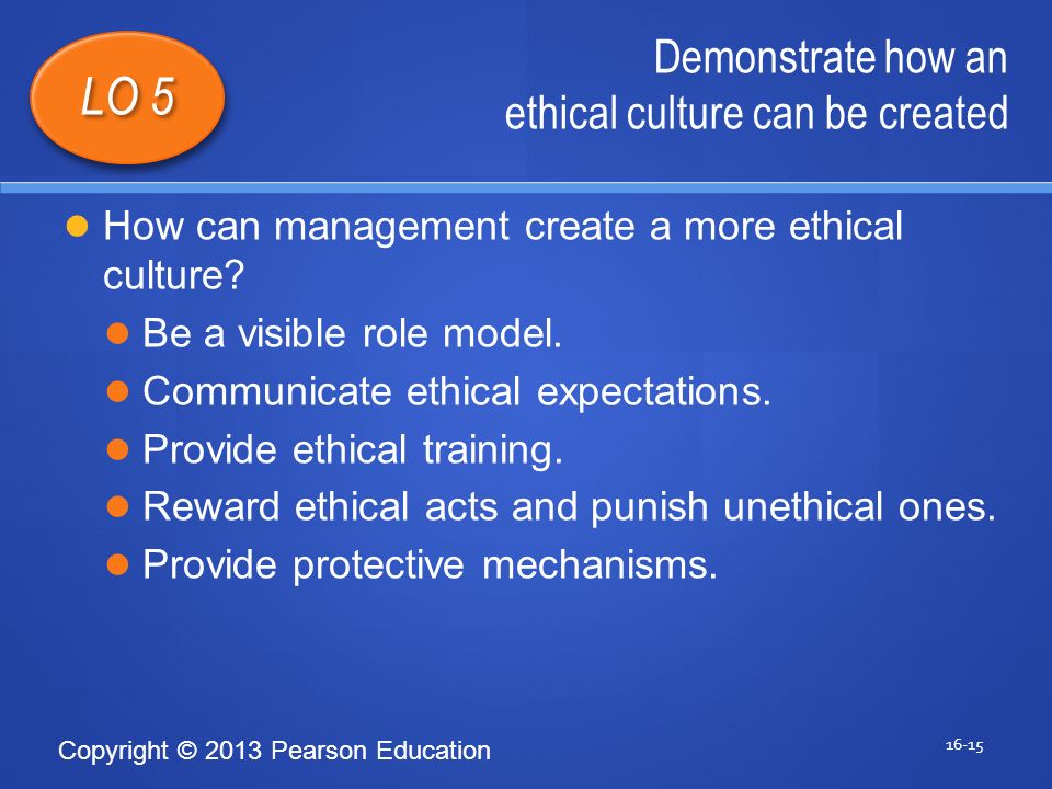 Copyright © 2013 Pearson Education Demonstrate how an ethical culture can be created LO 5 How can management create a more ethical culture.