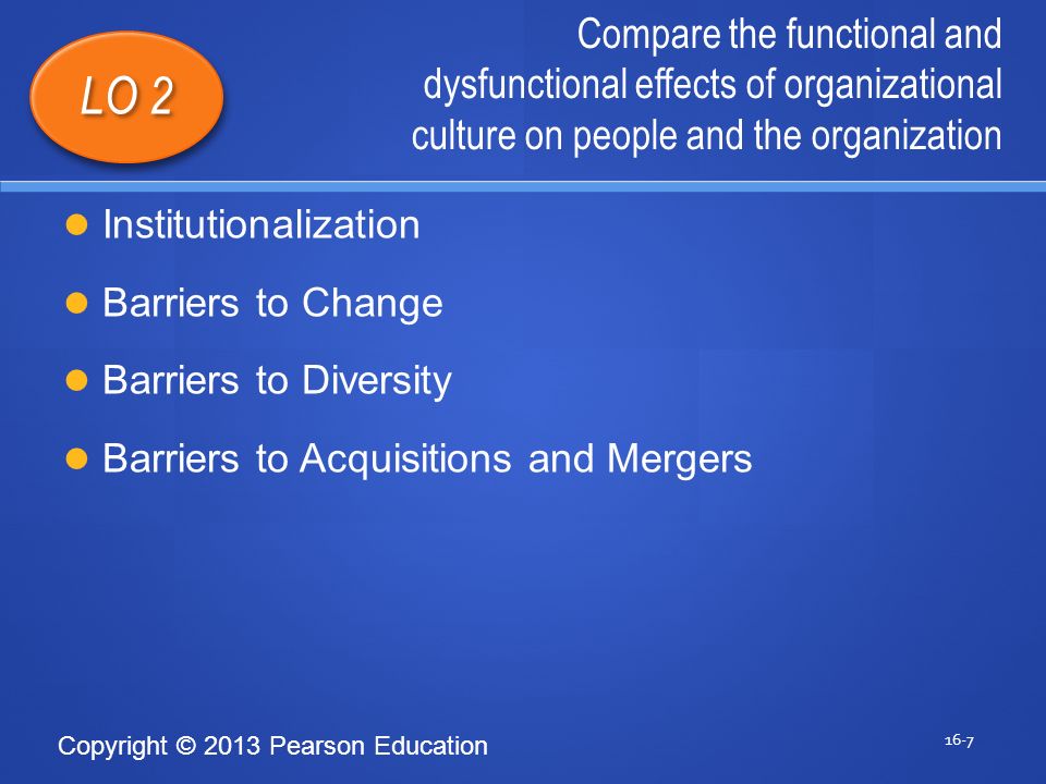 Copyright © 2013 Pearson Education Compare the functional and dysfunctional effects of organizational culture on people and the organization 16-7 LO 2 Institutionalization Barriers to Change Barriers to Diversity Barriers to Acquisitions and Mergers 1