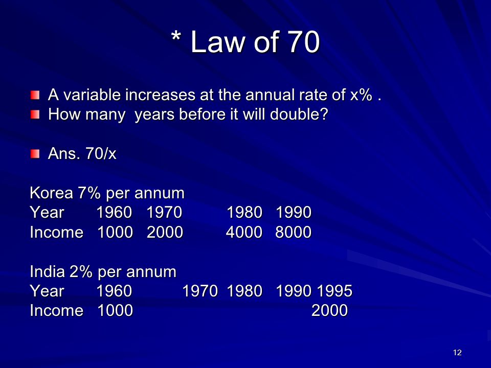 12 * Law of 70 A variable increases at the annual rate of x%.