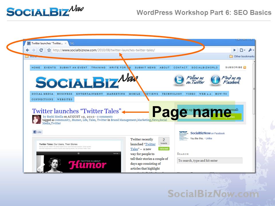 WordPress Workshop Part 6: SEO Basics SocialBizNow.com Page name
