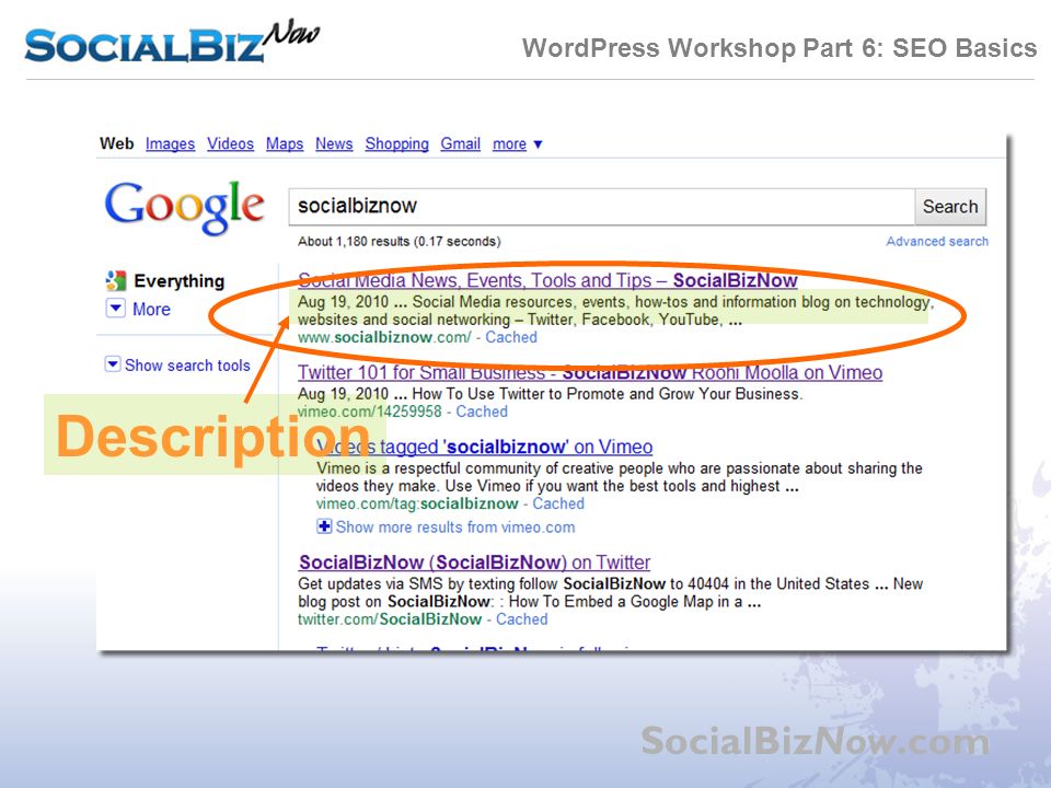 WordPress Workshop Part 6: SEO Basics SocialBizNow.com Description