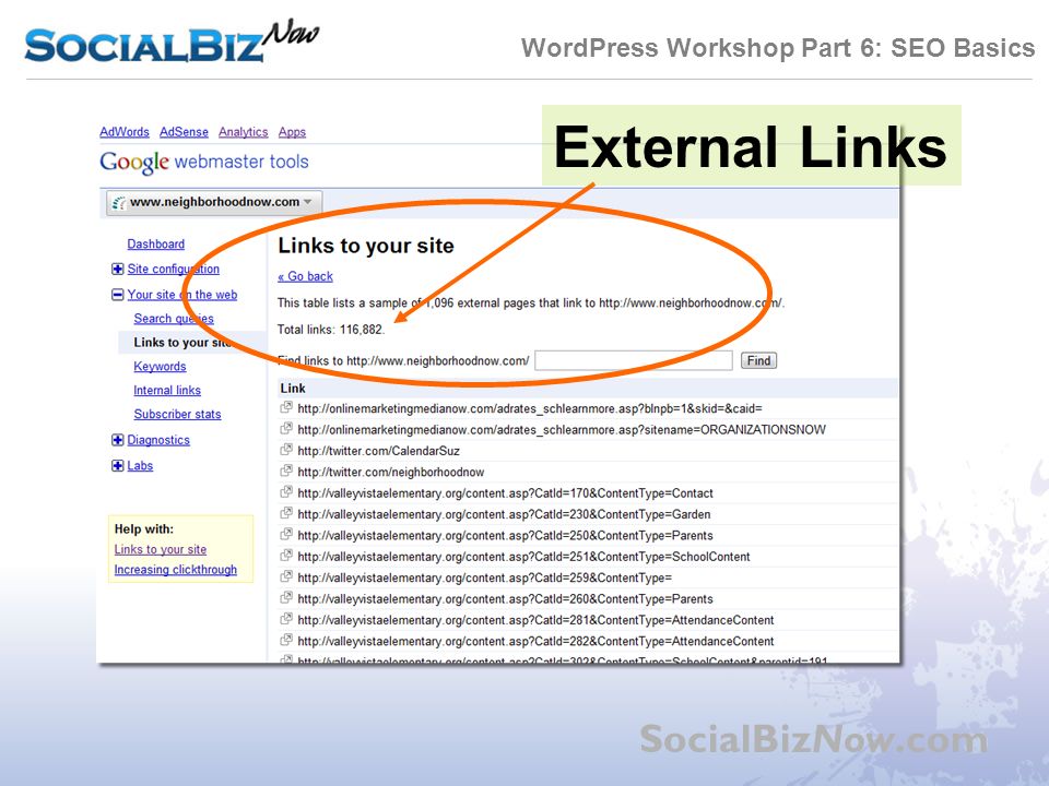 WordPress Workshop Part 6: SEO Basics SocialBizNow.com External Links