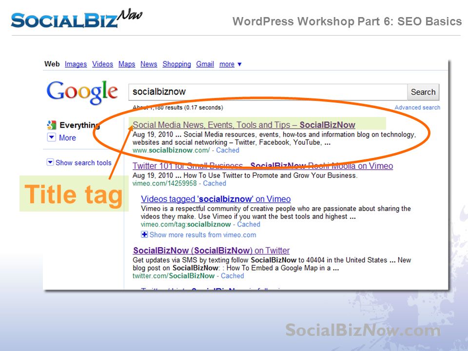 WordPress Workshop Part 6: SEO Basics SocialBizNow.com Title tag
