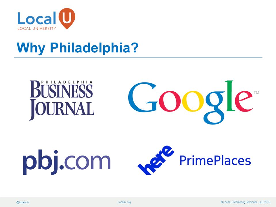 © Local U Marketing Seminars, LLC 2013 Why Philadelphia