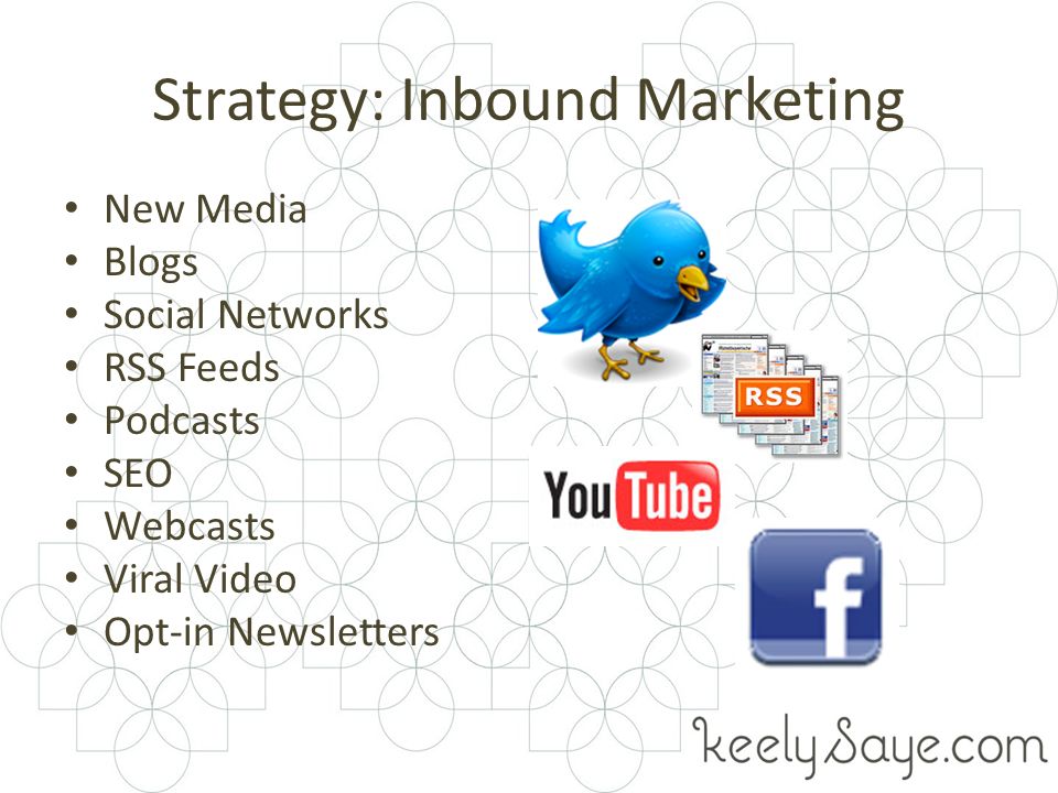 Strategy: Inbound Marketing New Media Blogs Social Networks RSS Feeds Podcasts SEO Webcasts Viral Video Opt-in Newsletters