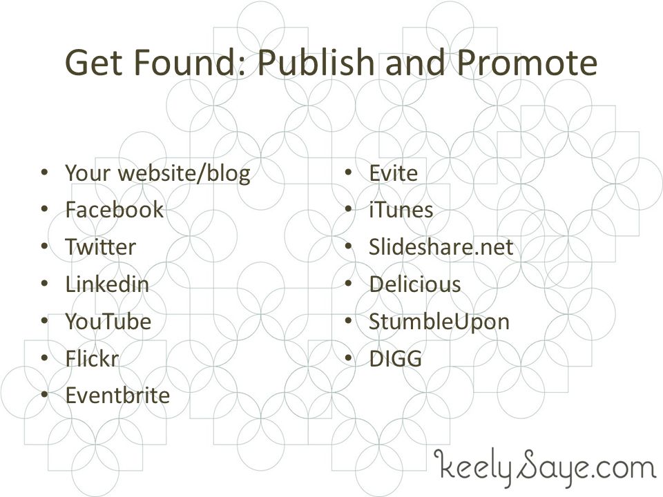 Get Found: Publish and Promote Your website/blog Facebook Twitter Linkedin YouTube Flickr Eventbrite Evite iTunes Slideshare.net Delicious StumbleUpon DIGG