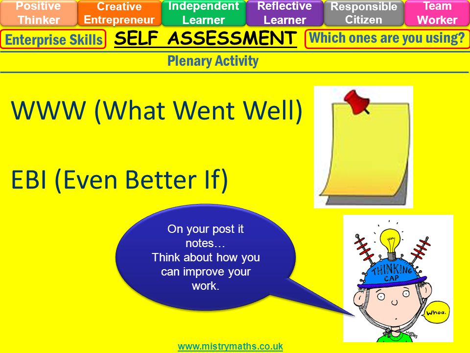 SELF ASSESSMENT Plenary Activity On your post it notes… Think about how you can improve your work.